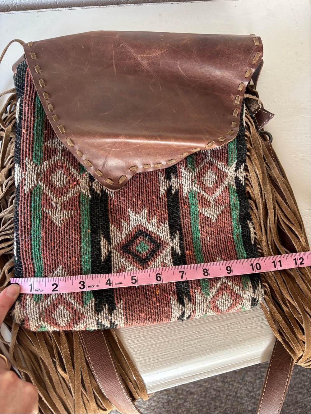 Myra Bag Brown Leather Fringe Crossbody with Aztec Textile - Picture 9 of 9